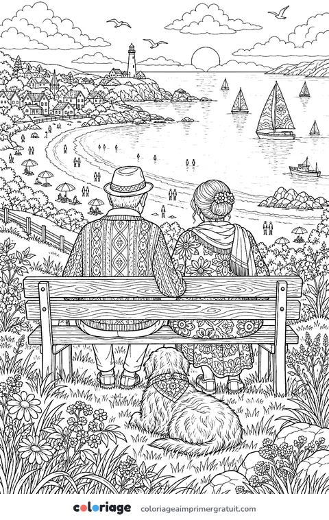 Coloriage banc face à la mer