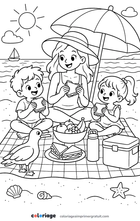 Coloriage pique-nique sur la plage