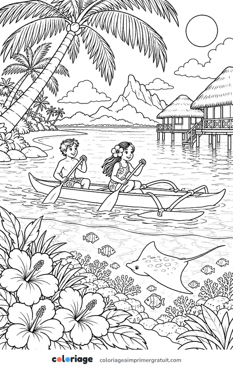 Coloriage pirogue sur le lagon