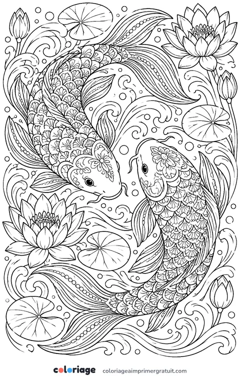 Coloriage carpes koï dans les vagues