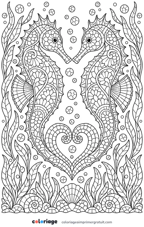 Coloriage hippocampes en vitrail