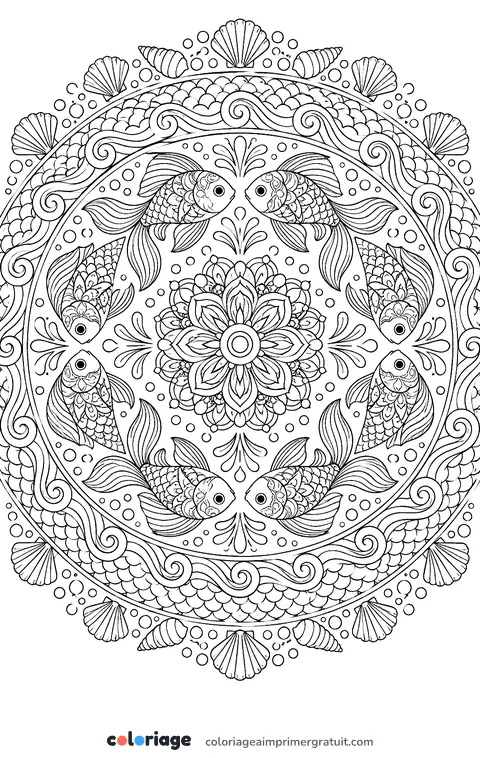 Coloriage ronde de poissons mandala