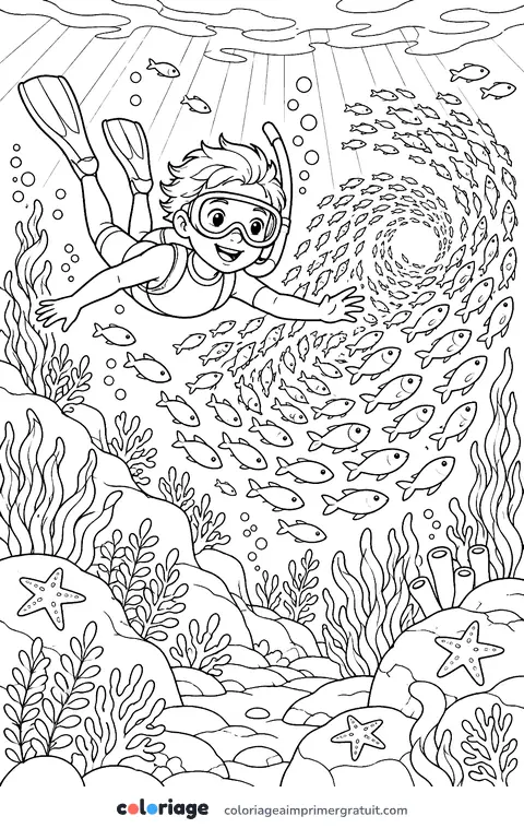 Coloriage plongeuse et banc de poissons