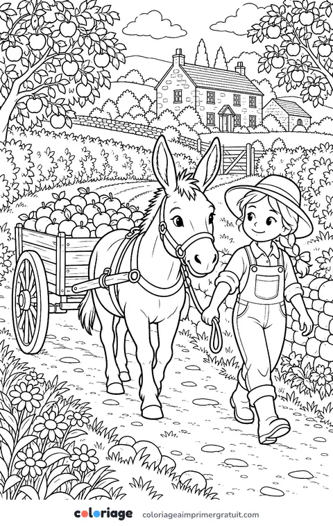 Coloriage âne et charrette de pommes