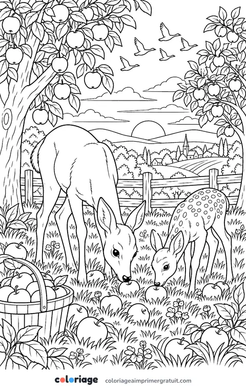 Coloriage chevreuil au verger