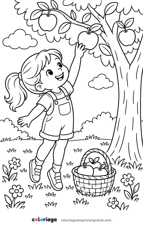 Coloriage enfant qui cueille une pomme