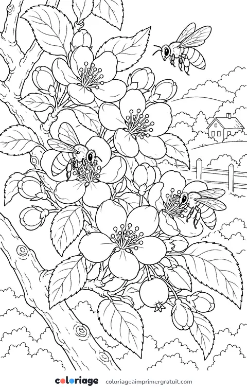 Coloriage fleurs de pommier et abeilles