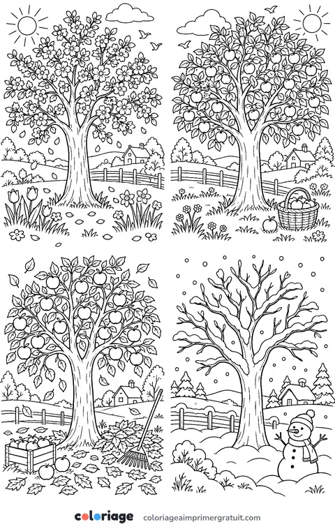 Coloriage pommier au fil des saisons