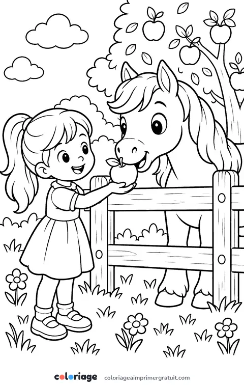 Coloriage poney et pomme