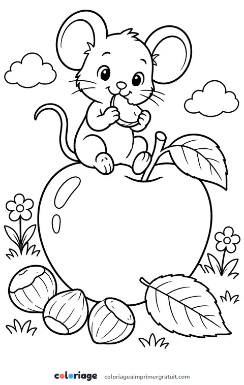 Coloriage souris qui grignote une pomme