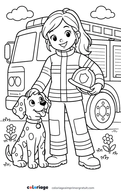 Coloriage pompière et son chien