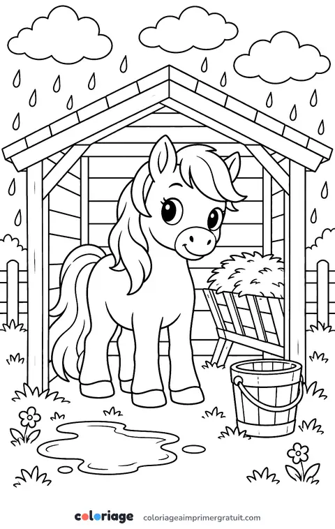 Coloriage poney à l’abri