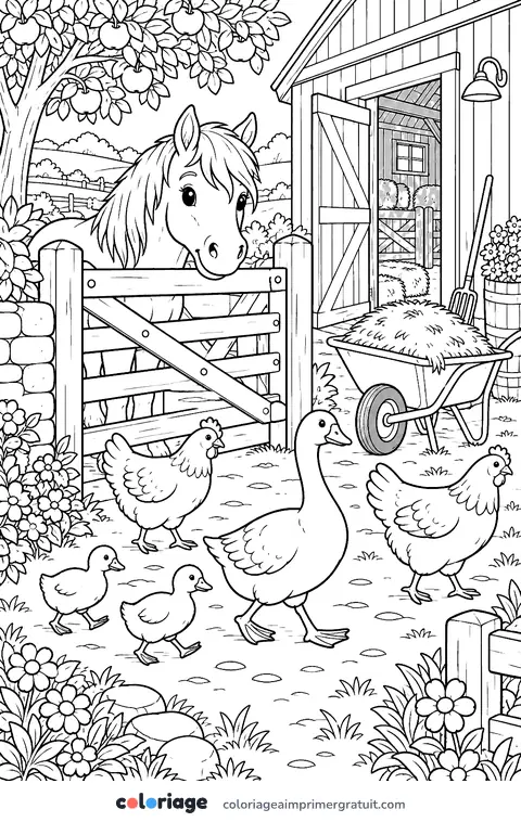 Coloriage poney à la ferme