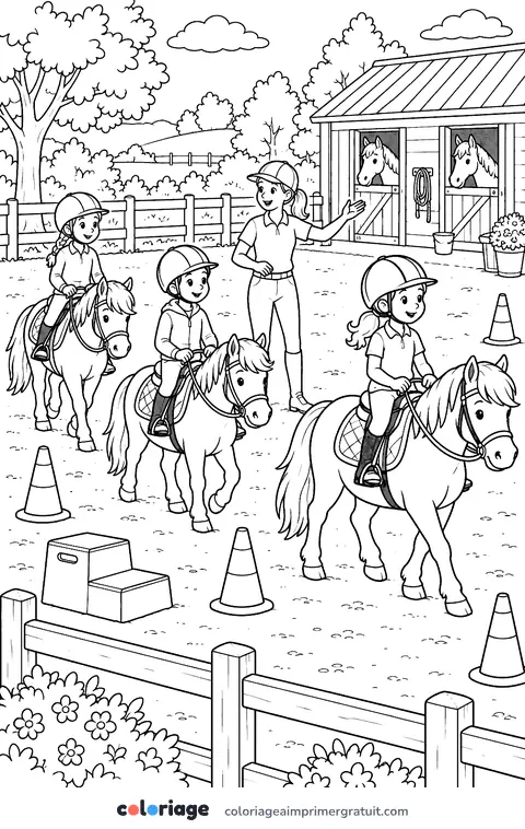 Coloriage leçon au poney-club