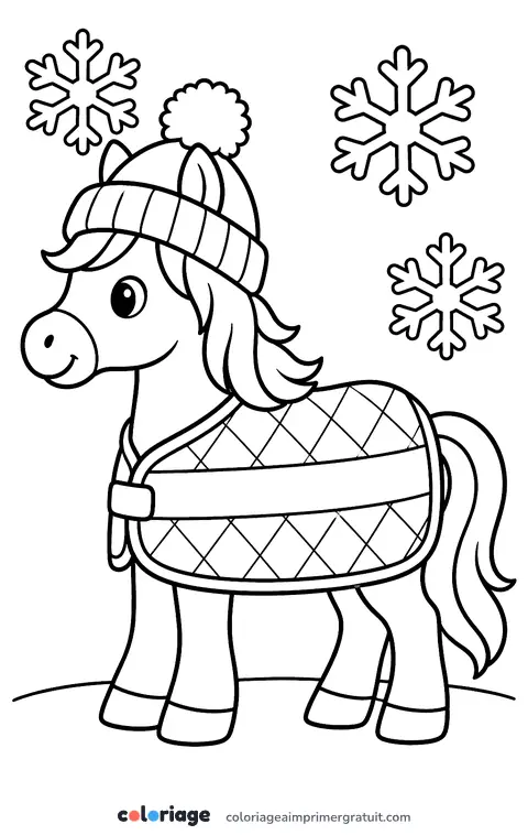 Coloriage poney en couverture d’hiver