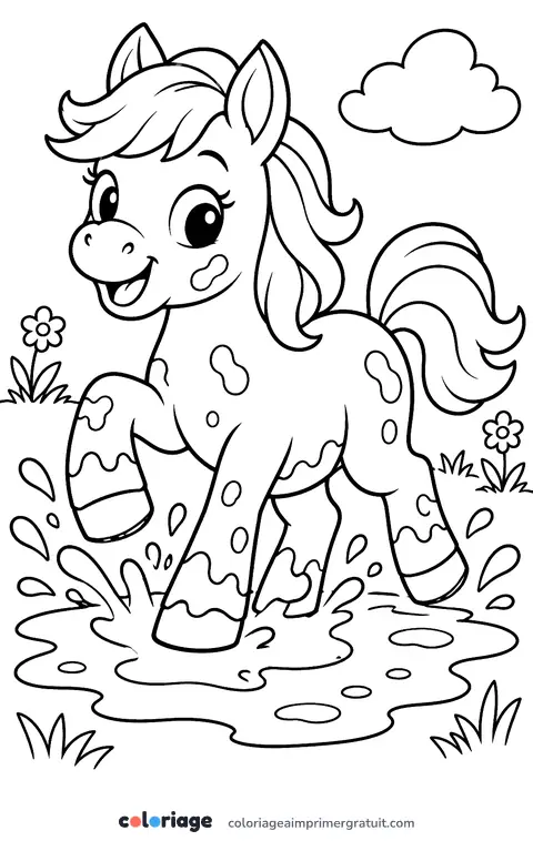 Coloriage poney dans la boue