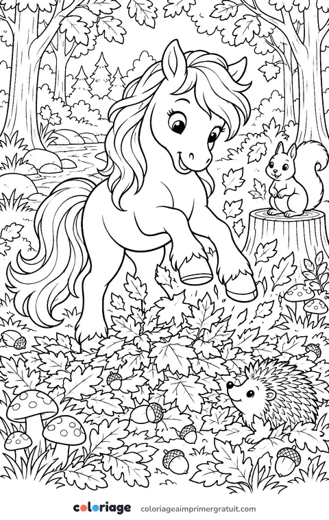 Coloriage poney en forêt d’automne