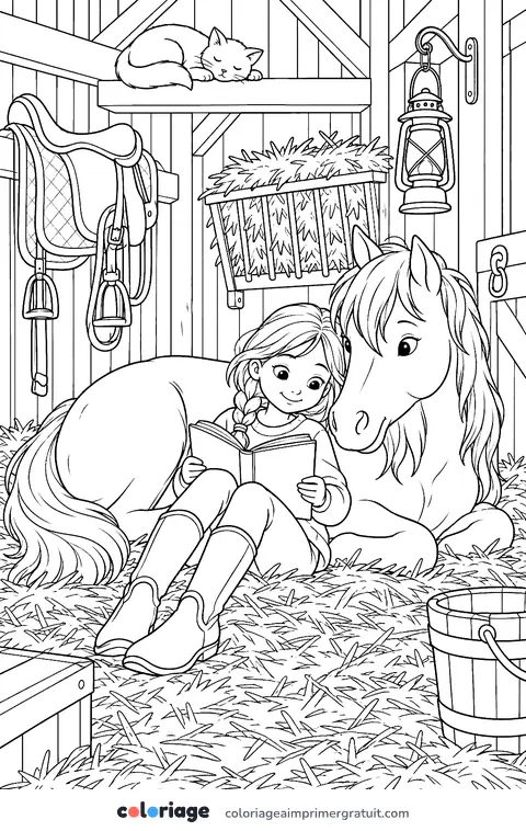 Coloriage lecture à l’écurie