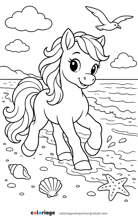 Coloriage poney à la plage
