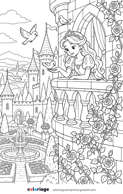Coloriage princesse au balcon du château