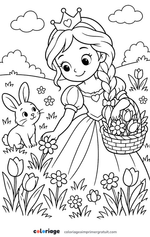 Coloriage princesse qui cueille des fleurs