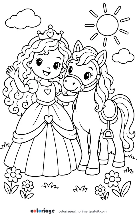Coloriage princesse et son poney