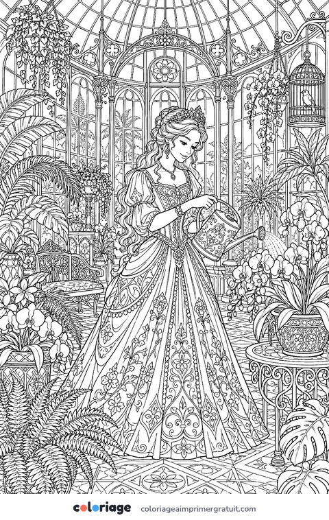 Coloriage princesse dans la serre