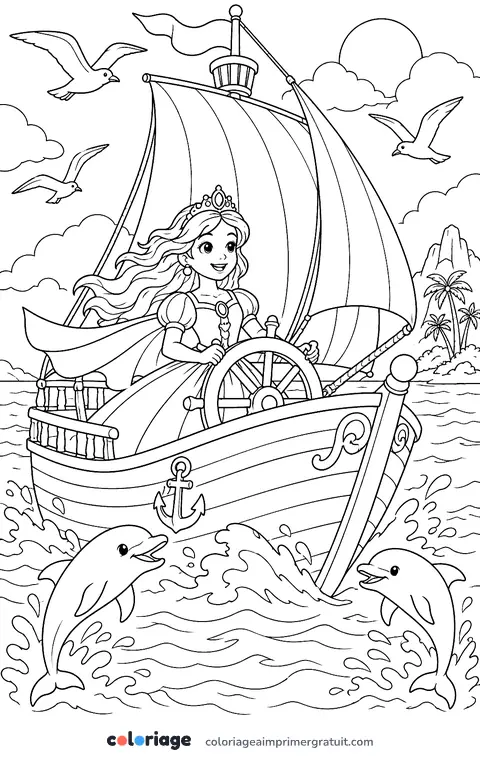 Coloriage princesse en voilier