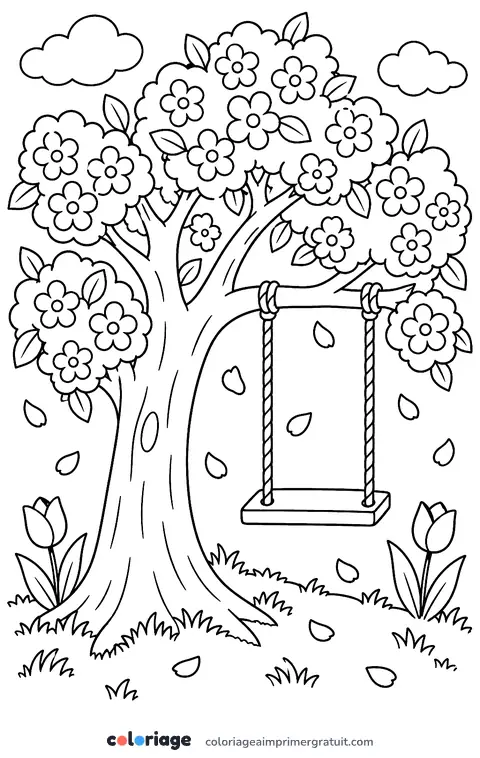 Coloriage arbre en fleurs et balançoire