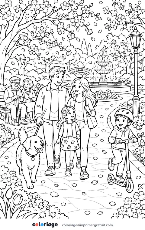 Coloriage promenade sous les cerisiers