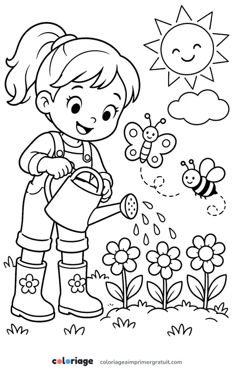 Coloriage enfant qui arrose les fleurs
