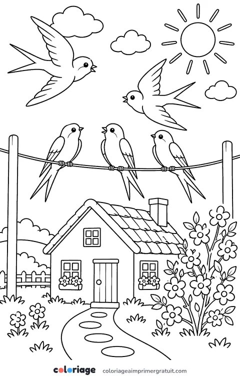 Coloriage retour des hirondelles