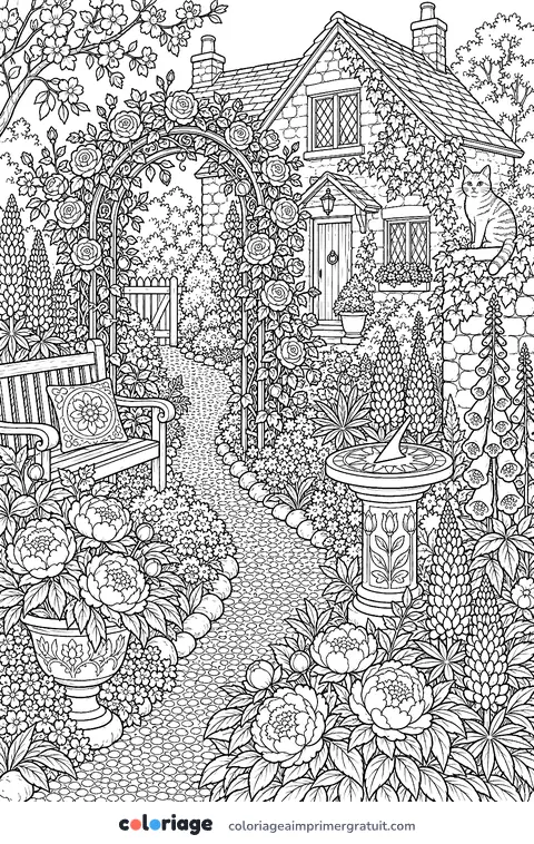 Coloriage jardin de cottage