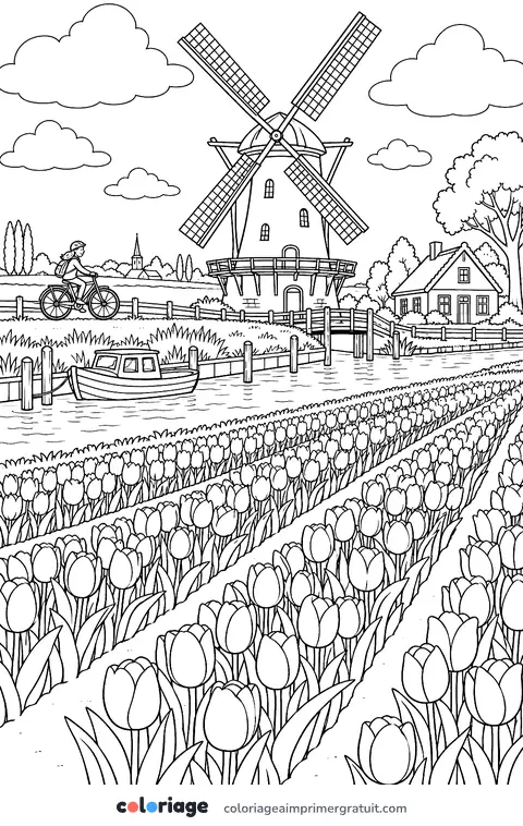 Coloriage moulin et champs de tulipes