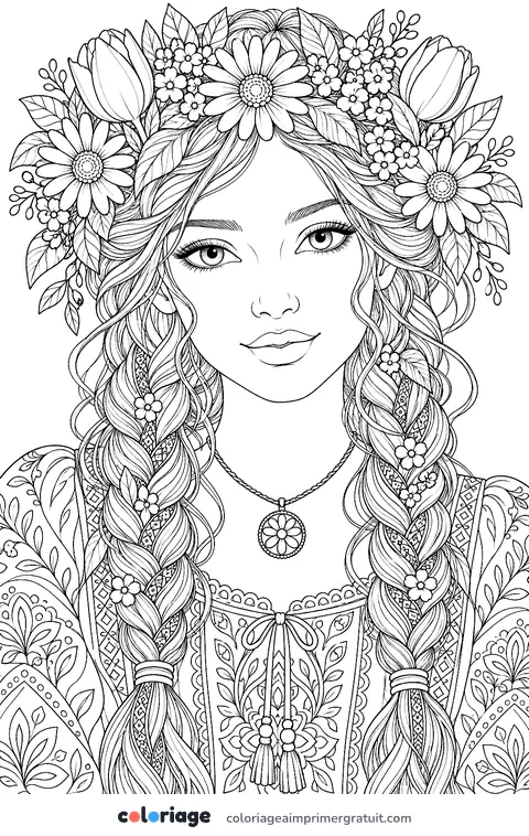 Coloriage portrait à la couronne de fleurs