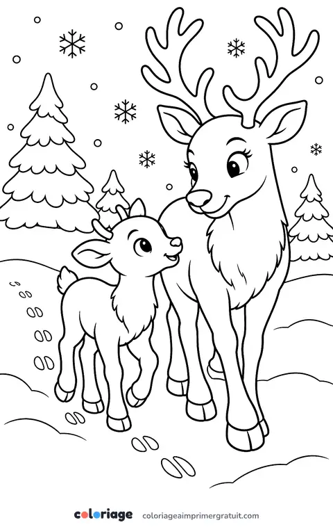Coloriage maman renne et son petit