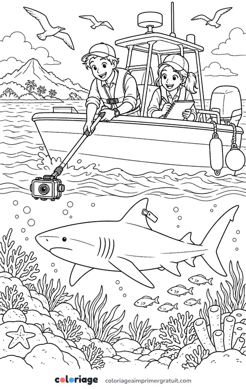 Coloriage biologistes en mer