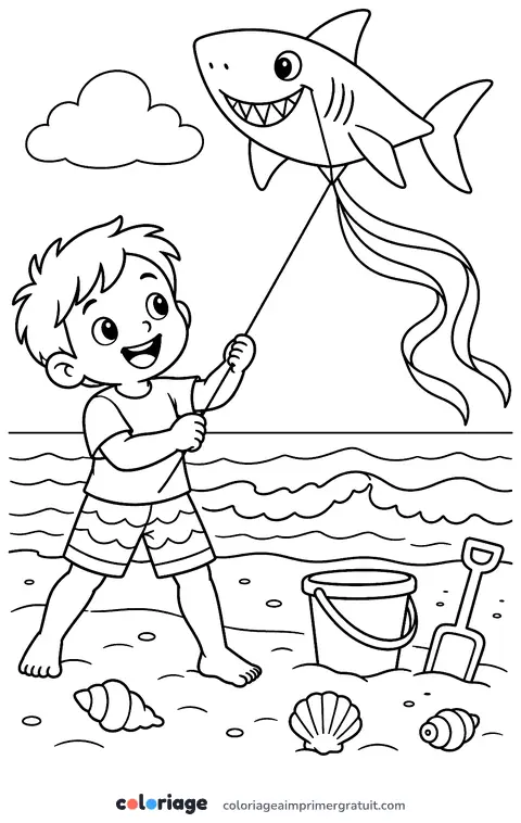 Coloriage cerf-volant requin sur la plage