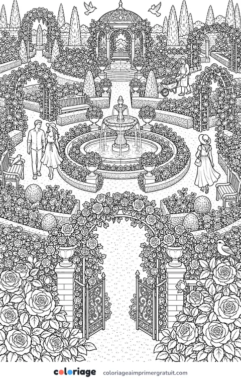 Coloriage roseraie fourmillante