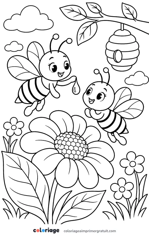 Coloriage abeilles et fleur