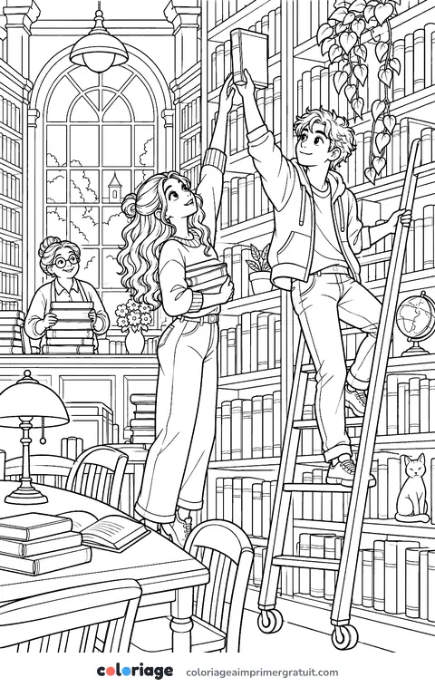 Coloriage rencontre à la bibliothèque
