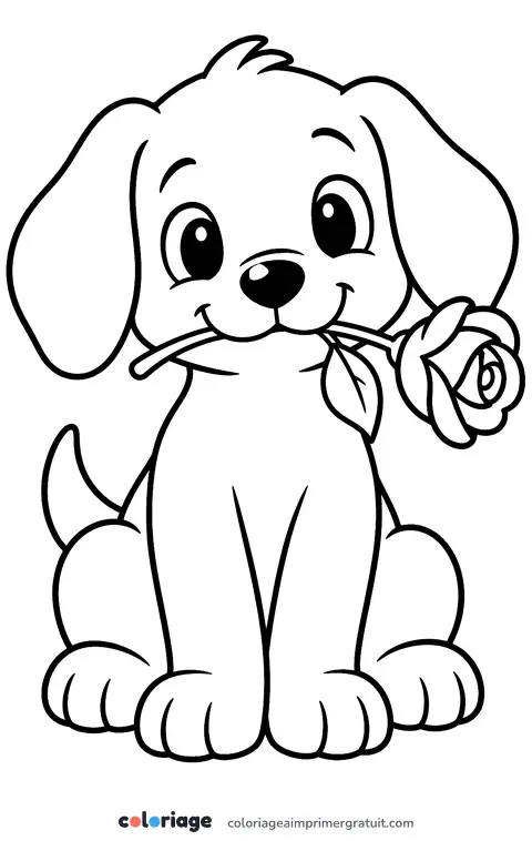 Coloriage chiot et sa rose