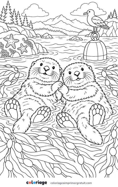 Coloriage loutres main dans la main