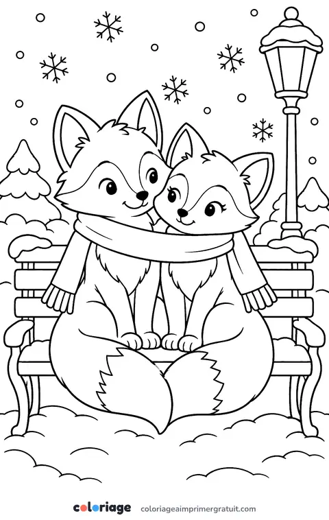 Coloriage renards sur un banc