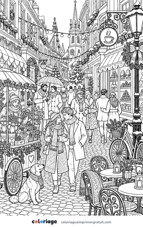 Coloriage soir de Saint-Valentin en ville