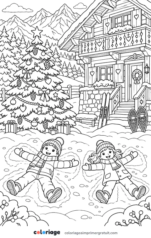 Coloriage sapin devant le chalet