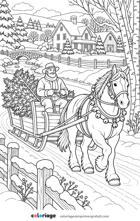 Coloriage le sapin en traîneau à cheval