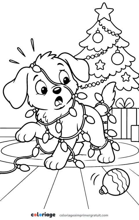 Coloriage chiot emmêlé dans la guirlande
