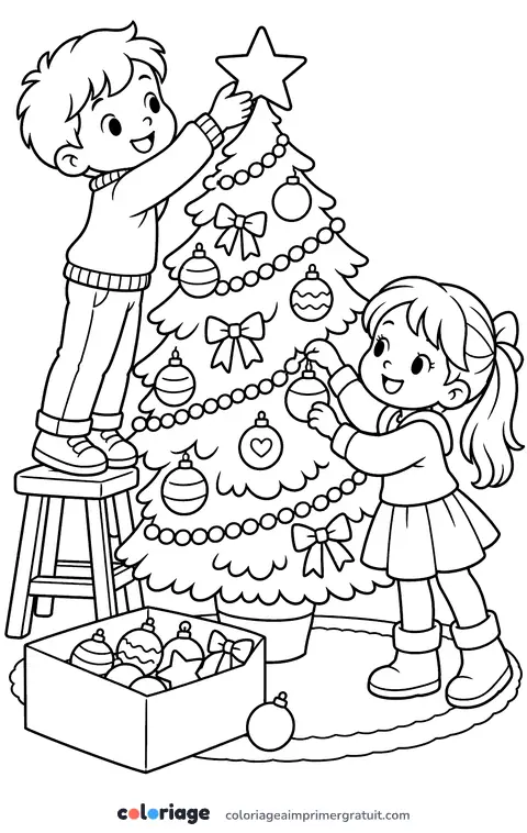 Coloriage enfants qui décorent le sapin