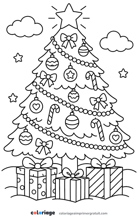 Coloriage sapin décoré de guirlandes